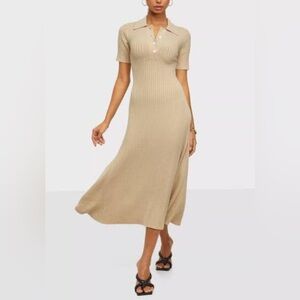 Samsoe Samsoe midi ribbed Lucy polo dress, silk blend size L in tan